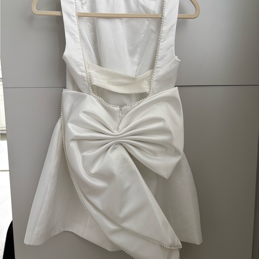White bridal wedding bachelorette Dress w Pearl Bow Sunfere with bra cover band